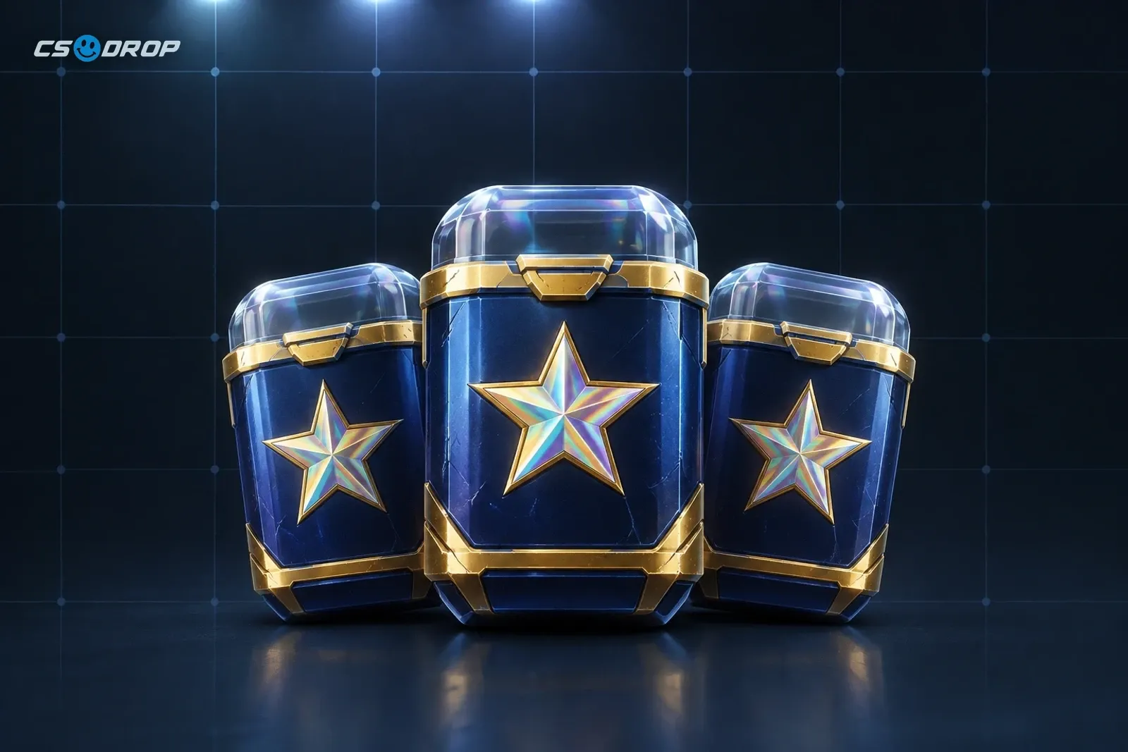 Three sealed Major sticker capsules with gold trim and holographic foil emblems, representing the 2026 sticker and souvenir shop.