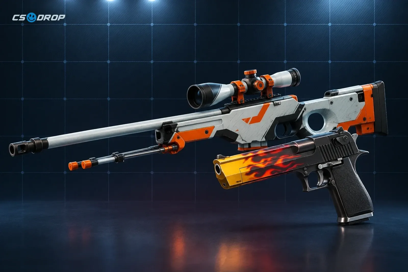 An AWP | Asiimov sniper rifle in white and orange next to a flame-patterned Desert Eagle | Blaze pistol, showing weapons rebuilt on Source 2.