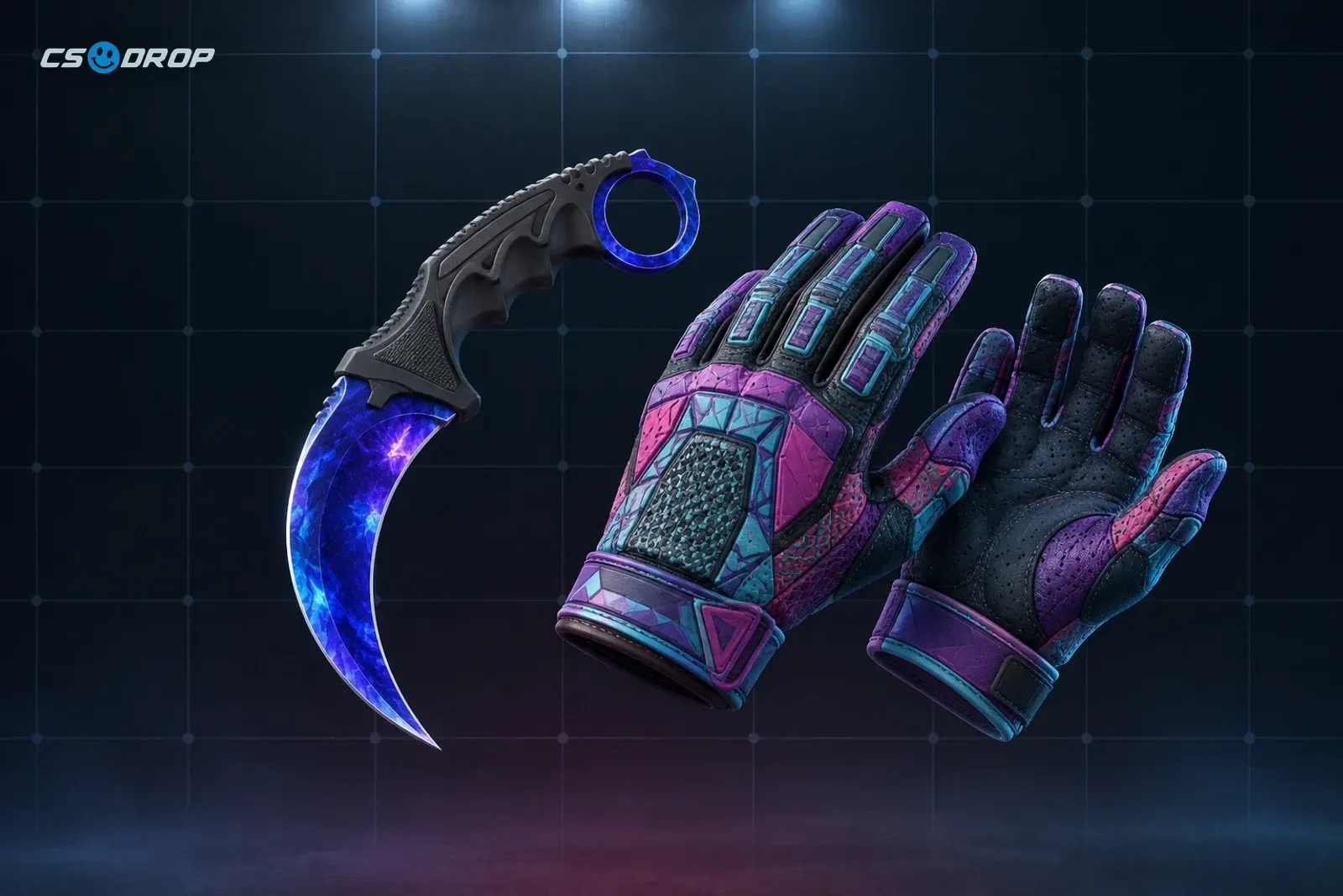 A blue and violet Doppler Sapphire Karambit beside a pair of Pandora's Box Sport Gloves, representing skins that carried over from CS:GO to CS2.