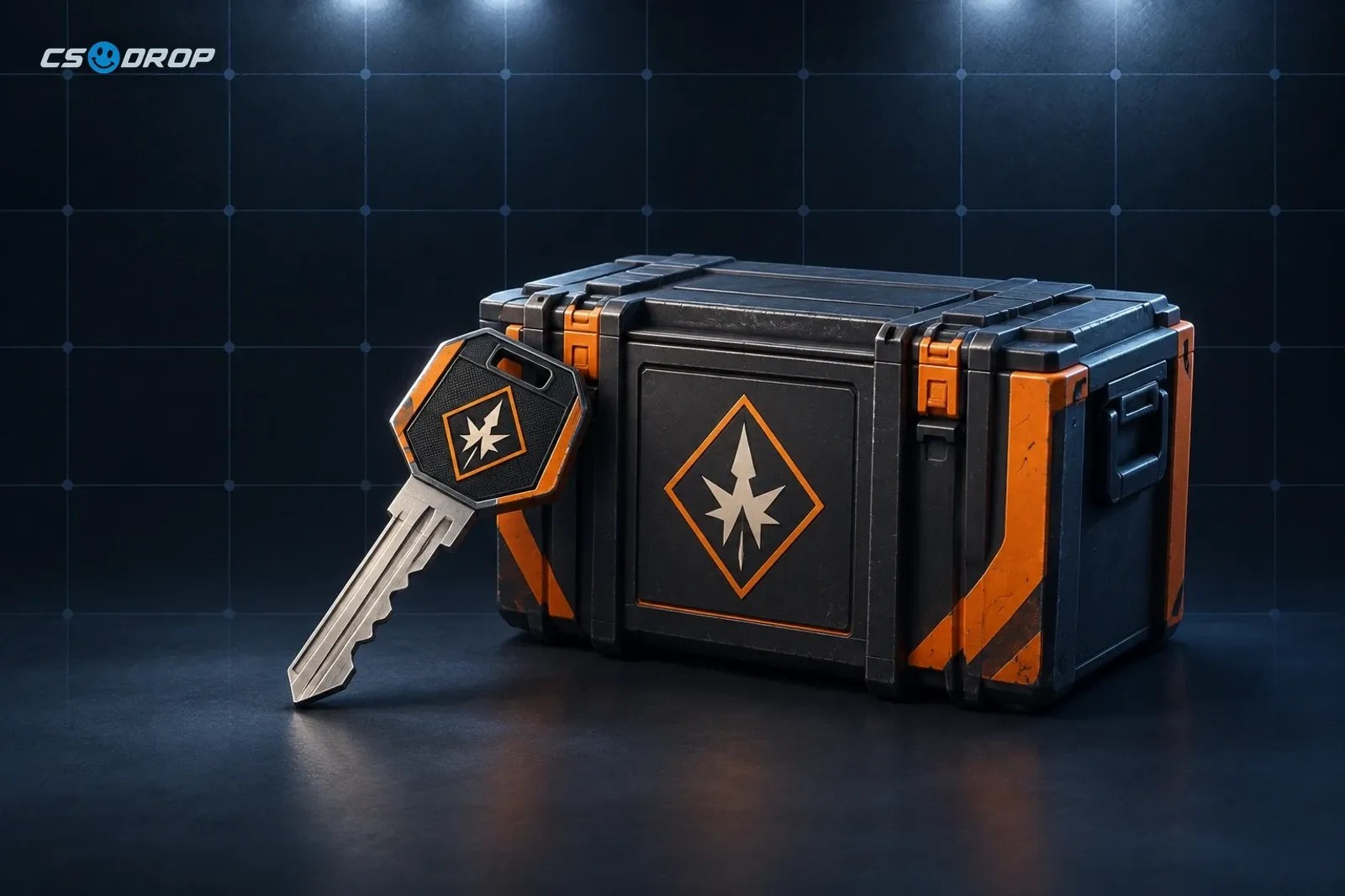 A CS2 case key lying next to a closed weapon case, representing keys that are locked to the buying account.