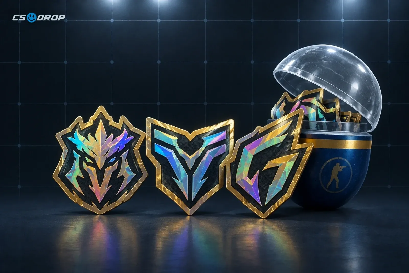 Three shiny foil CS2 Major stickers beside an open sticker capsule, showing the Major sticker income that is now shared with players.