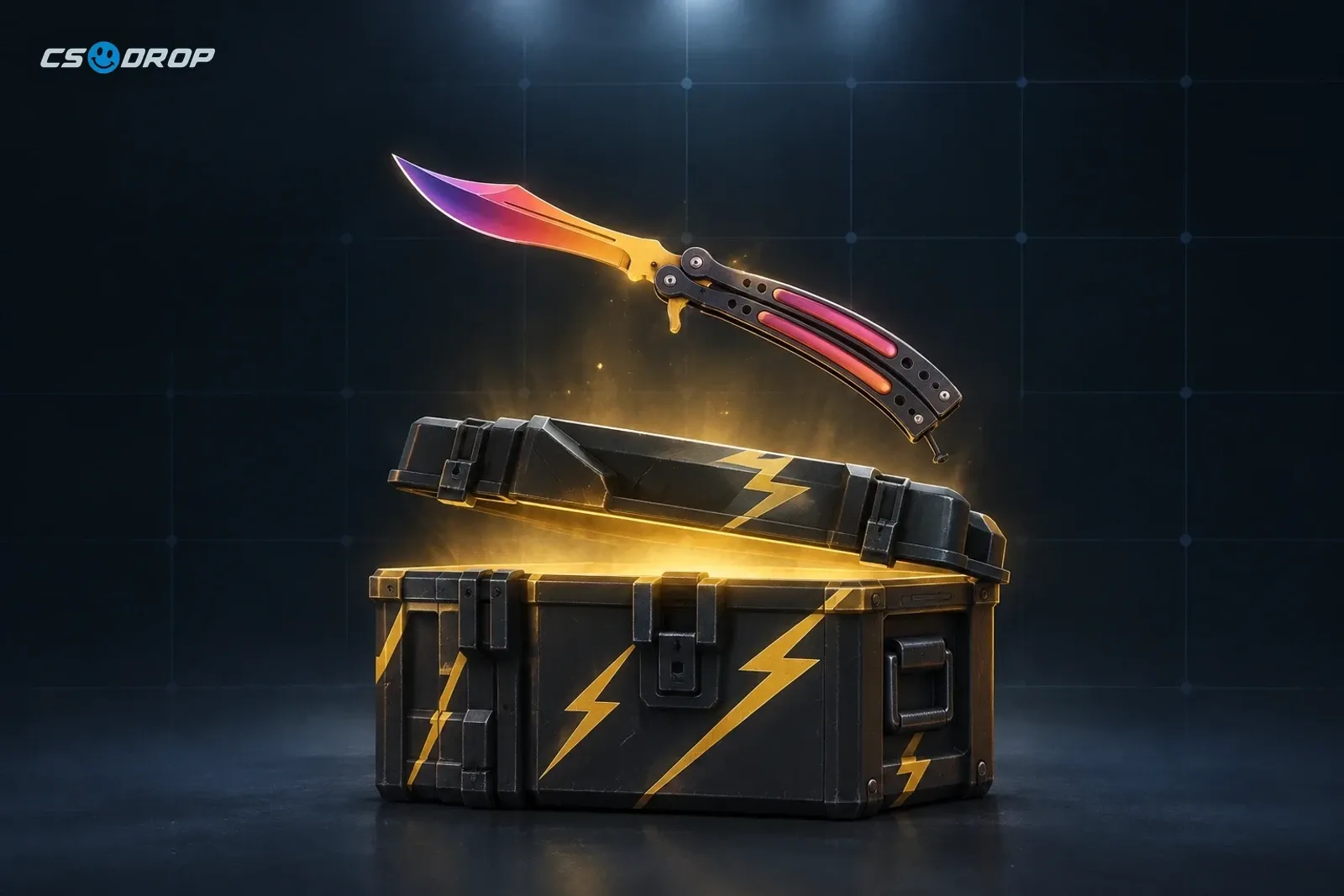 A Kilowatt Case with its lid open and a Butterfly Knife Fade rising above it, representing the chance of a big case-opening win.