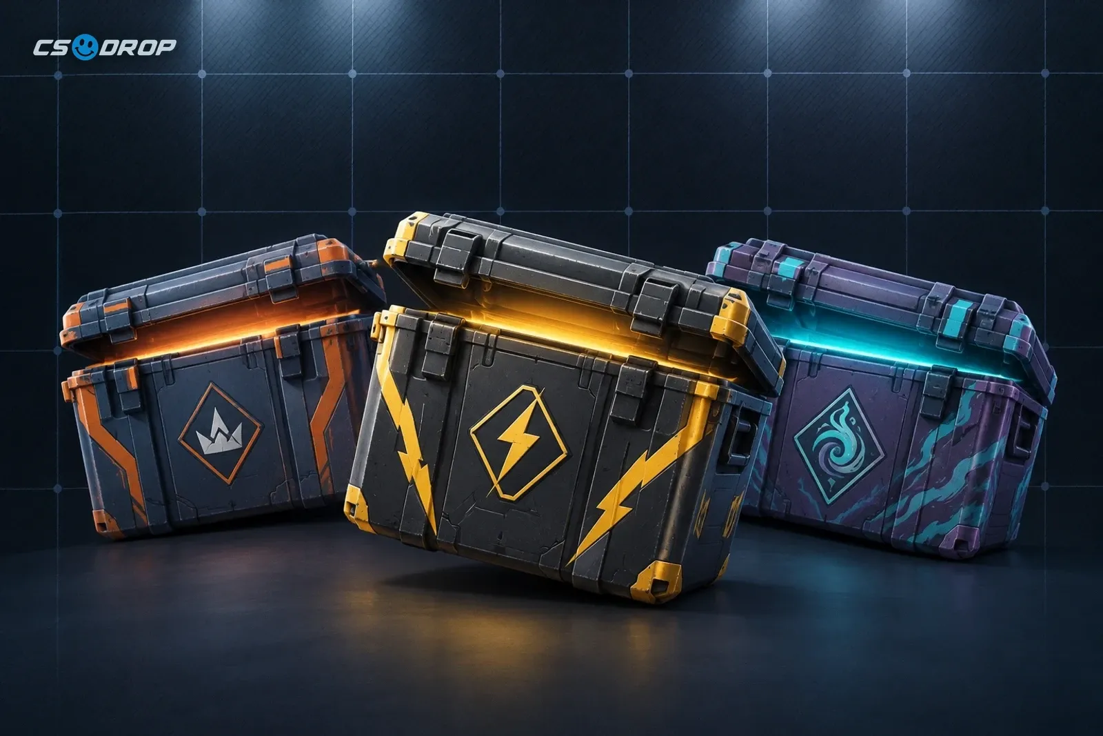 Three CS2 weapon cases, Kilowatt, Revolution and Dreams & Nightmares, representing the rewards in the Weekly Care Package