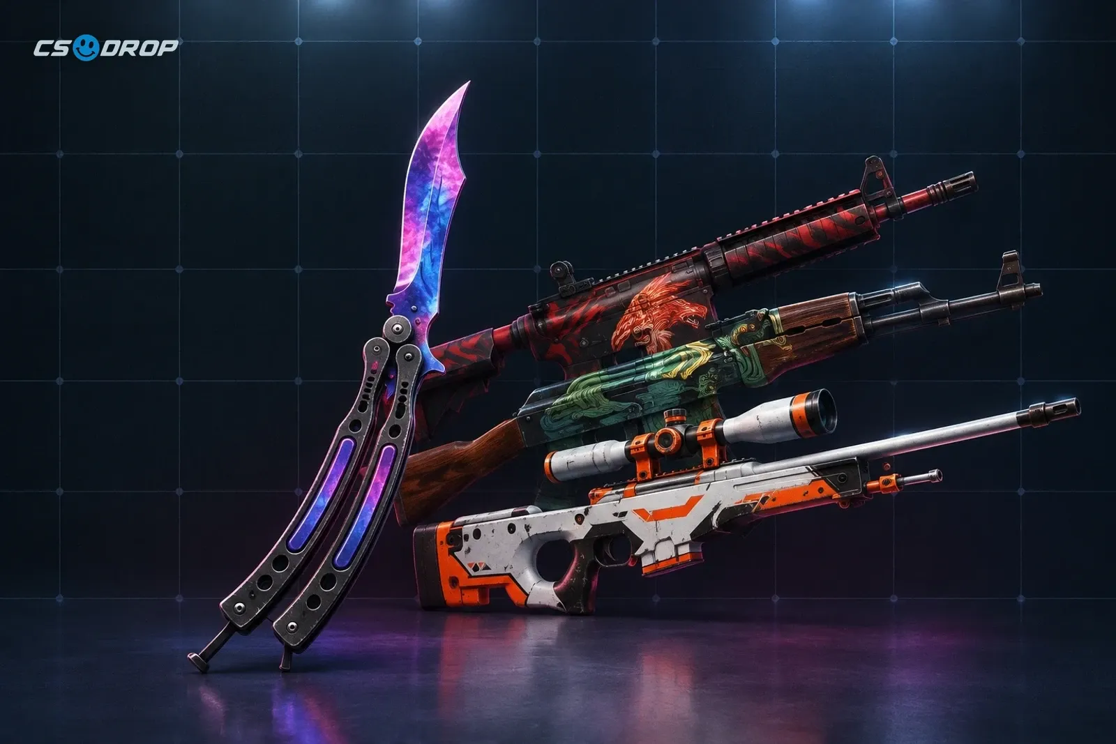 Butterfly Knife Doppler beside Covert-grade red rifle skins, representing the inputs and output of a CS2 Trade Up Contract