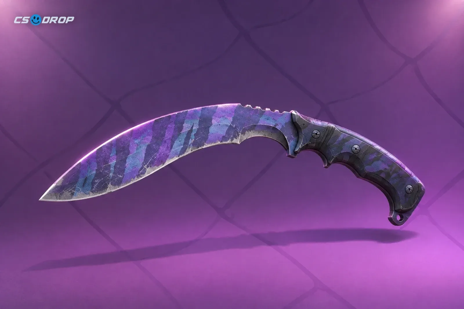 Fade beside Sport Gloves | Vice: short curved Kukri blade with orange-to-magenta-to-purple fade gradient and dark handle, next to vivid pink and cyan Sport Gloves | Kukri Knife | Fade e Sport Gloves | Vice, prêmios raros da Kilowatt e da Revolution