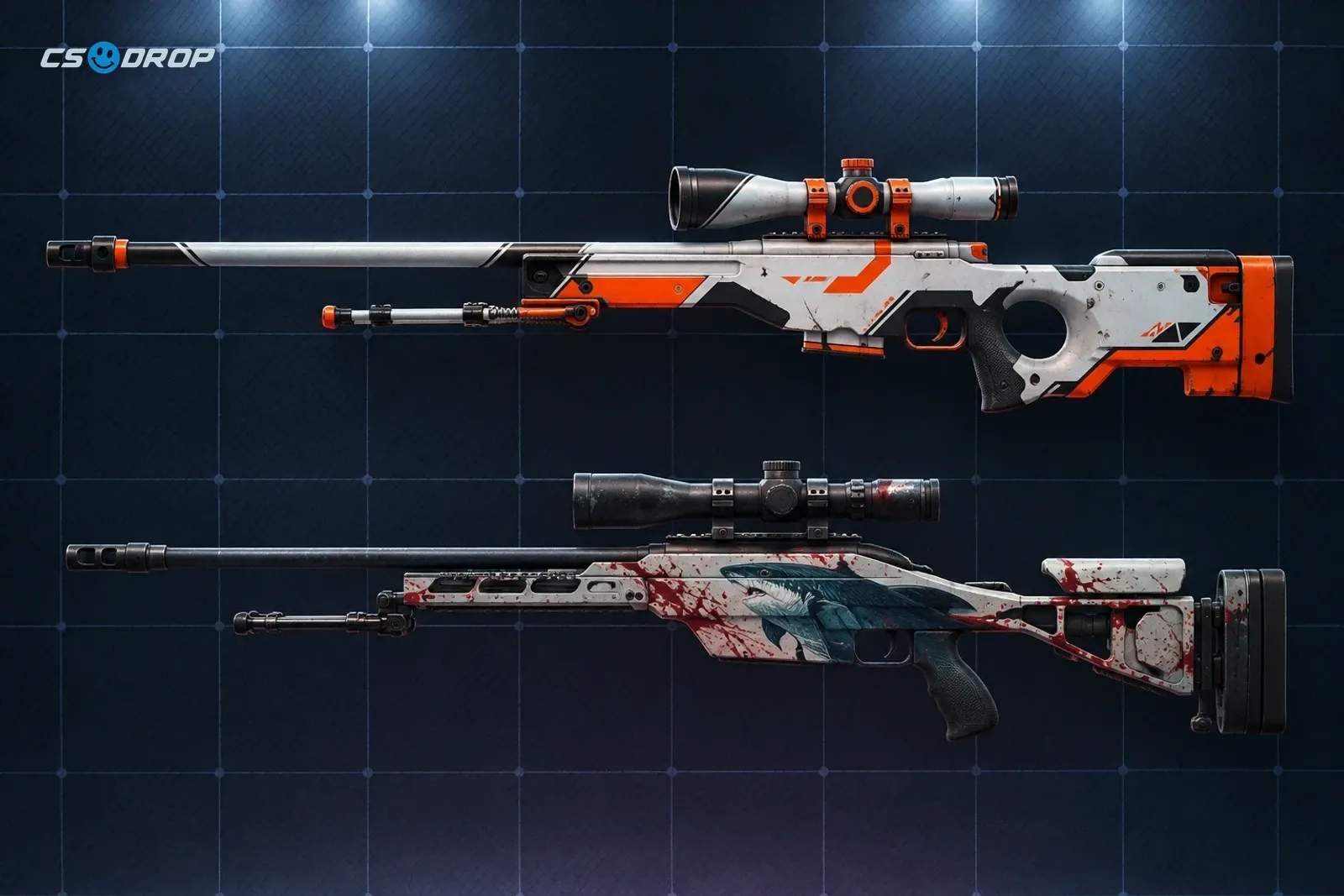 AWP | Asiimov, branca e laranja, ao lado da SSG 08 | Blood in Water, duas snipers do CS2 usadas como referência para a comparação com a M14.