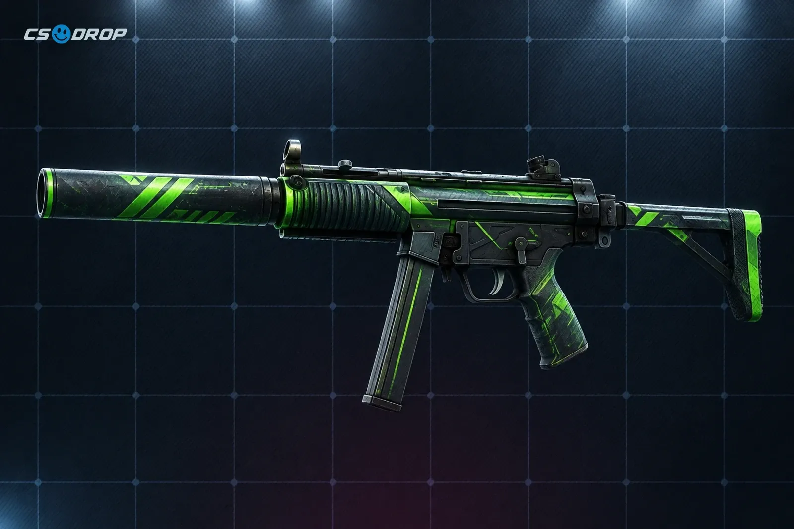 Submachine gun MP5-SD | Phosphor do CS2, com silenciador integrado e detalhes verde neon, exemplo da última arma nova do jogo.
