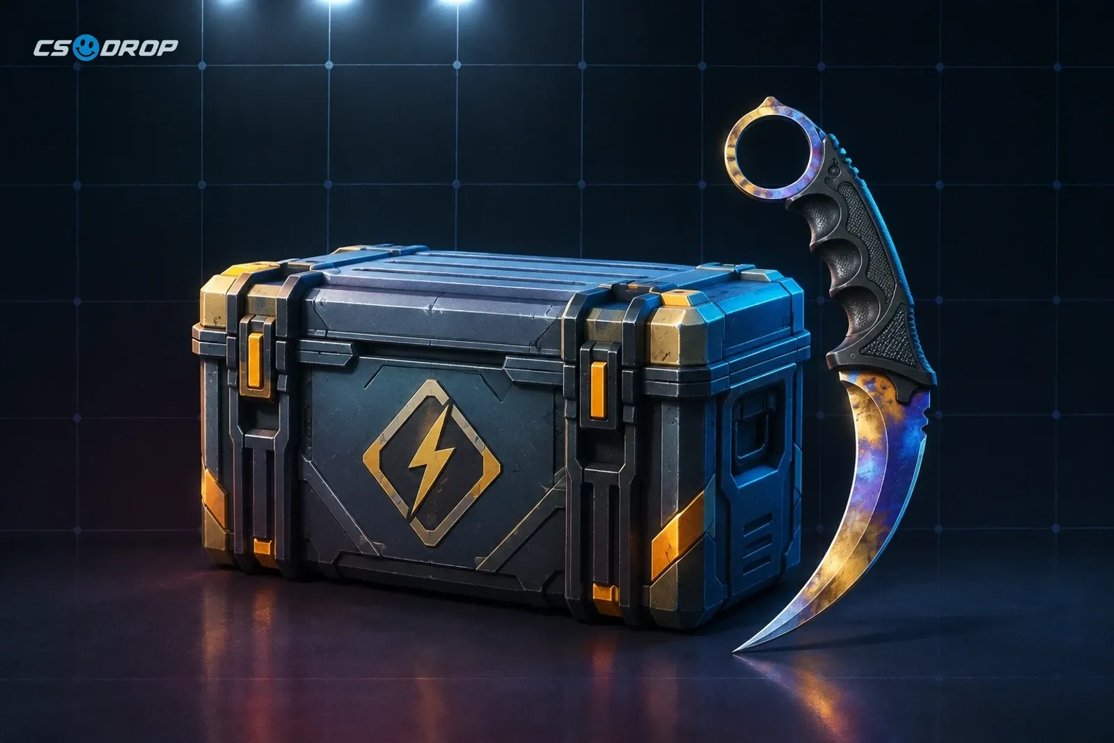 Fade: dark weapon case with electric-yellow lightning trim, lid slightly open; curved karambit with a gold-to-orange-to-magenta gradient blade, black textured grip, finger ring | Kilowatt Case e Karambit | Fade, o tipo de item raro das caixas de arma