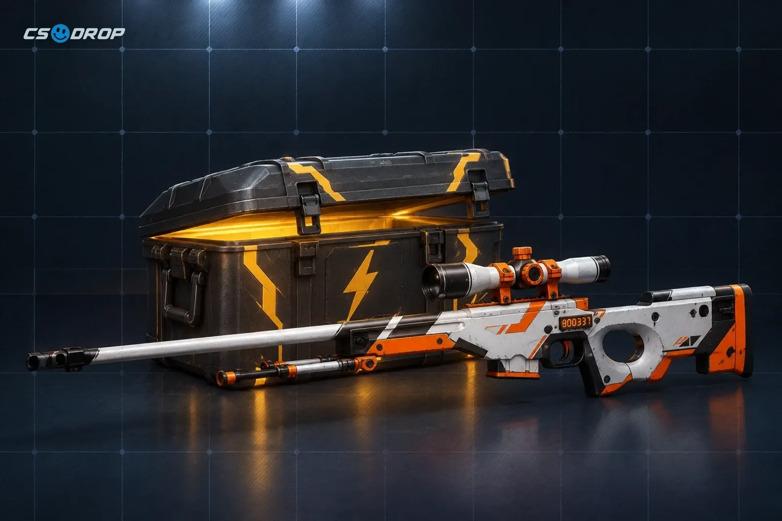 Kilowatt Case next to a StatTrak AWP Asiimov sniper rifle with its orange kill counter