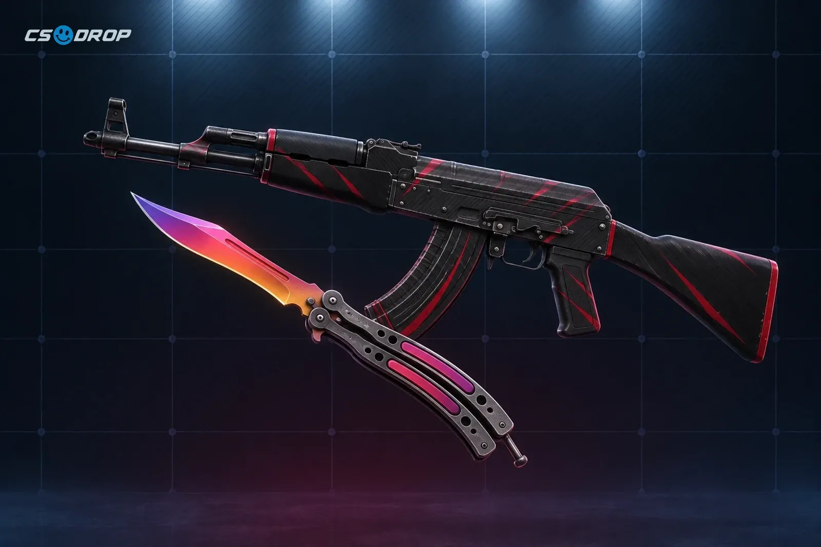 AK-47 Redline preta e vermelha ao lado de uma faca Butterfly Fade, representando a skin apostada e a skin-alvo de um upgrader.