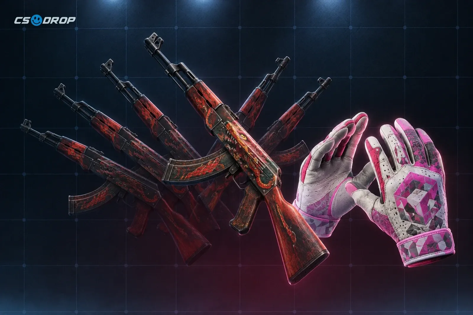 Cinco armas Covert vermelhas em leque, com a AK-47 Fire Serpent à frente, apontando para luvas Sport Gloves Pandora's Box, ilustrando o trade up de 5 Covert.