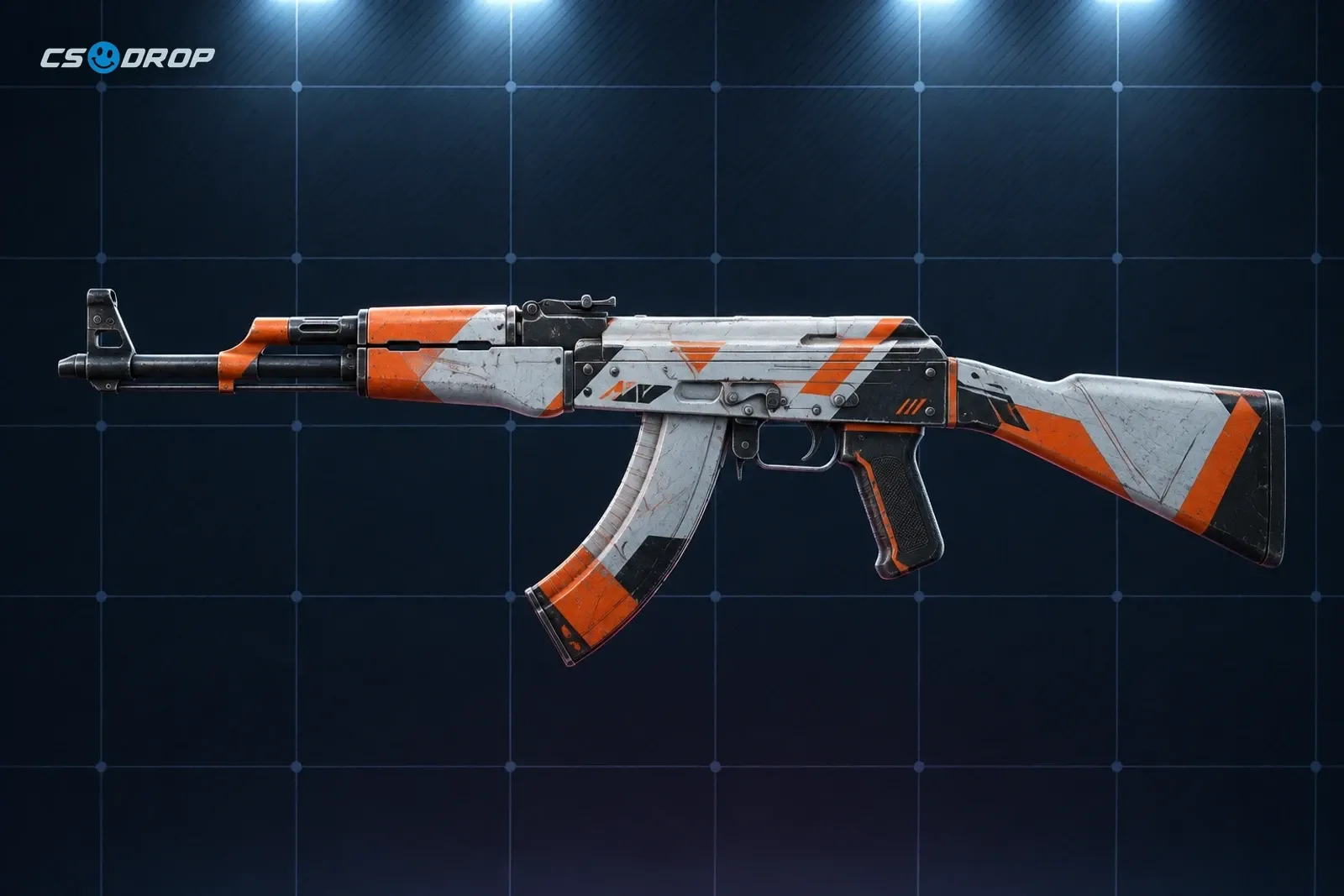 Redline beside an AWP | Asiimov, crossed: AK-47 in black with bold red-orange diagonal stripes, next to the white AWP sniper rifle with orange and black panels and a large scope | AK-47 | Redline and AWP | Asiimov, a classic rifle and sniper pairing in Counter-Strike
