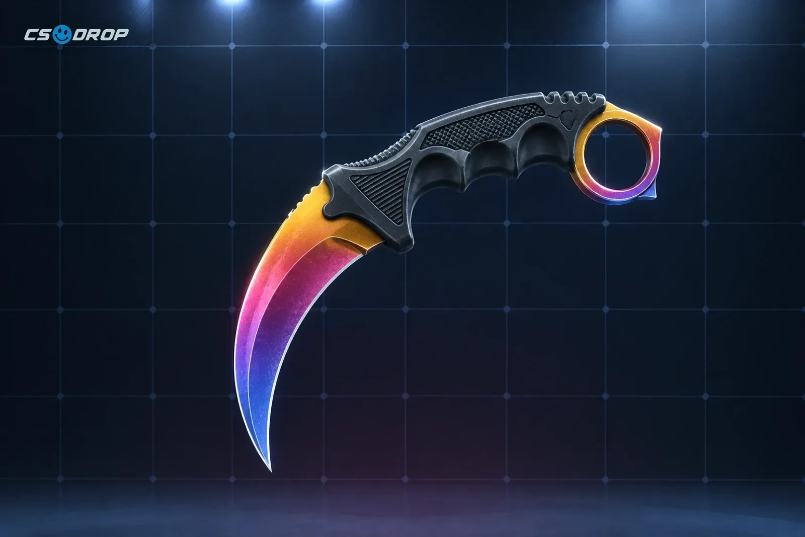 Doppler Sapphire: curved karambit, blade in swirling deep-blue and violet, brown textured wrap grip, finger ring | Karambit | Doppler Sapphire, a rare knife skin found in CS:GO and CS2 cases