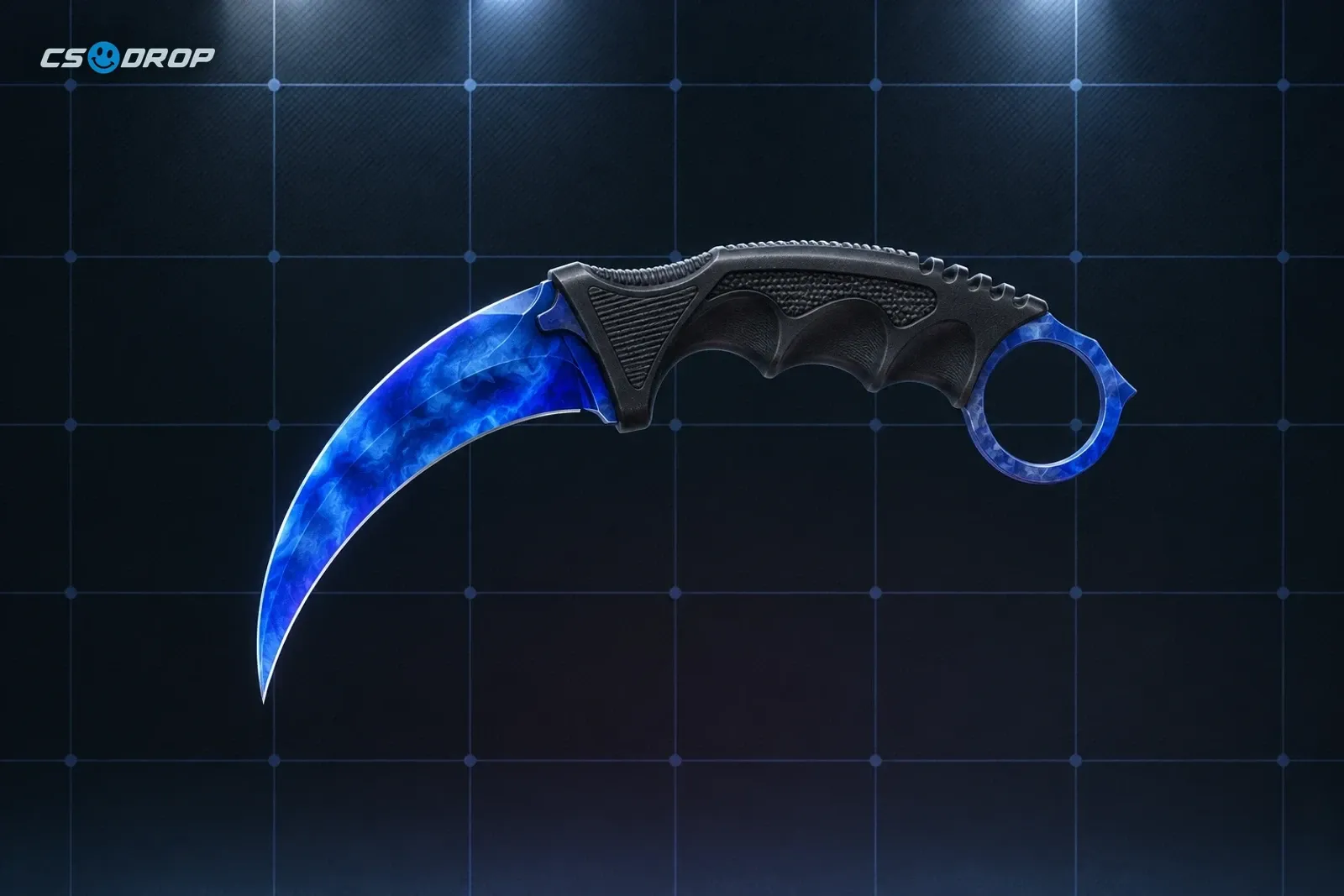 A Karambit | Case Hardened with a blade almost entirely bright blue, the Blue Gem pattern #387.