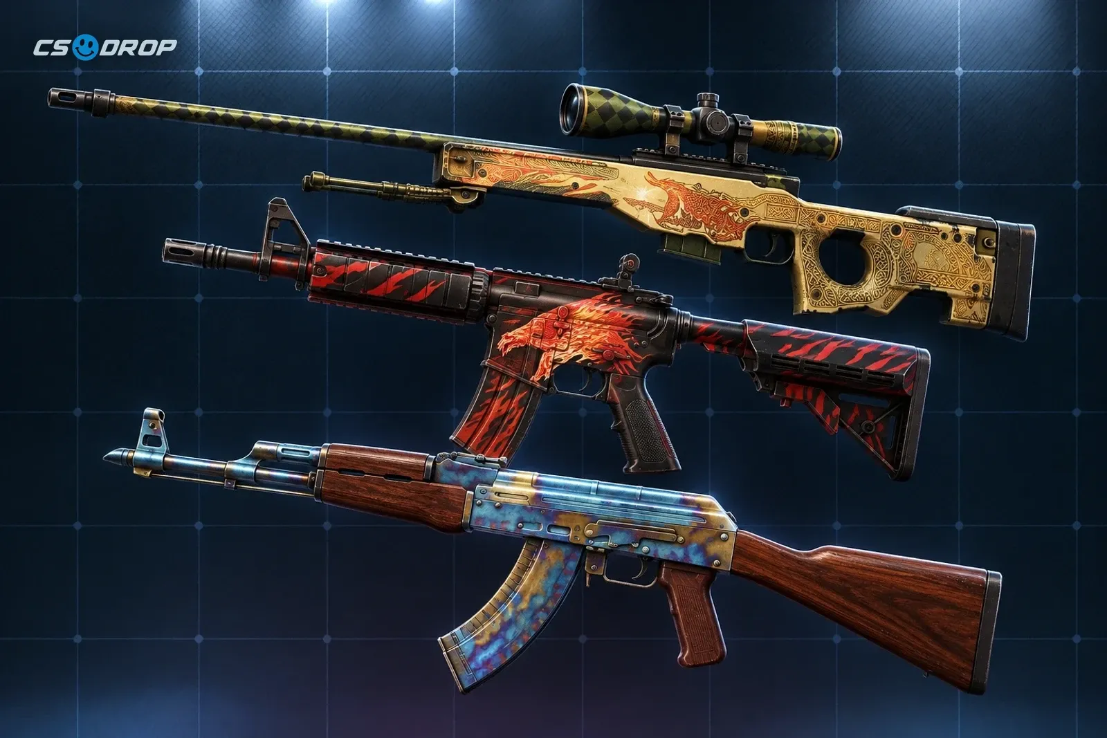 An AWP | Dragon Lore, an M4A4 | Howl and an AK-47 | Case Hardened shown together.