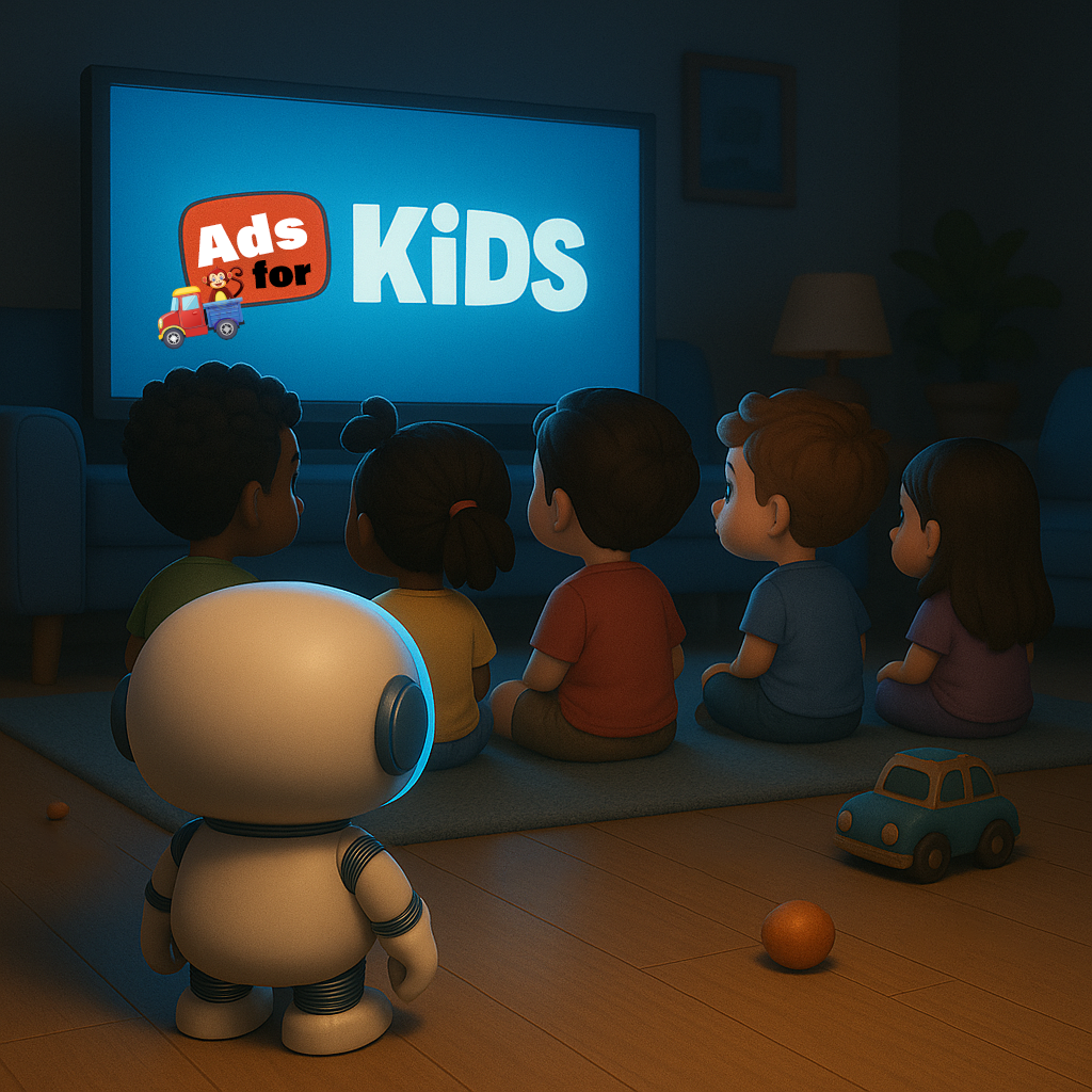 Kids sitting on the floor watching TV. A robot stands in the back, observing. 