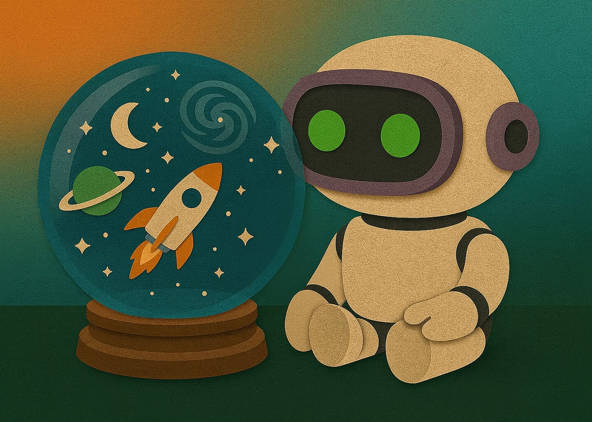 ELI the Robot looking at a crystal ball with a rocket and galaxy