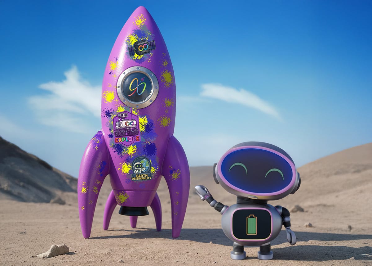 ELI the Robot standing by a purple rocket
