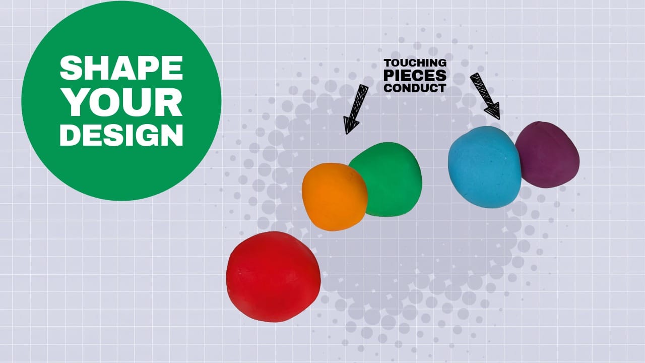 Rainbow colored balls make a caterpillar shape with some pieces touching to conduct