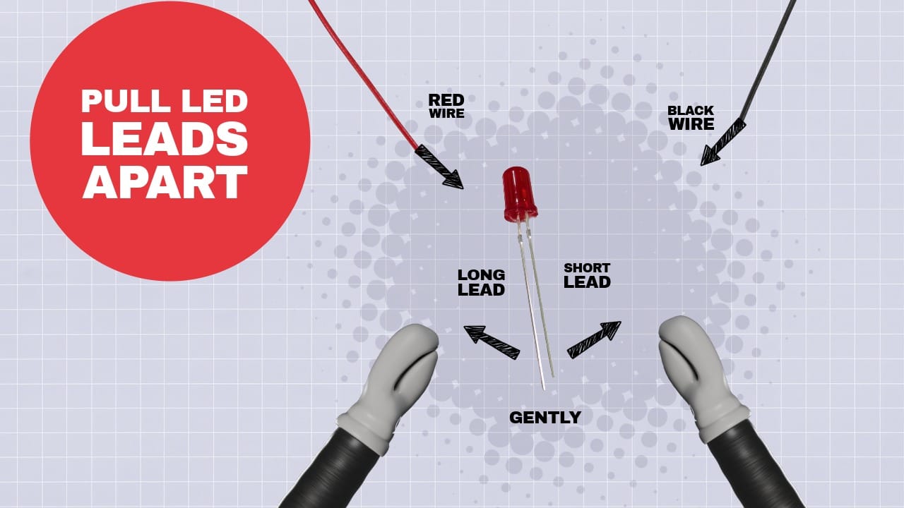 Closeup of a red LED with a short and long metal lead.