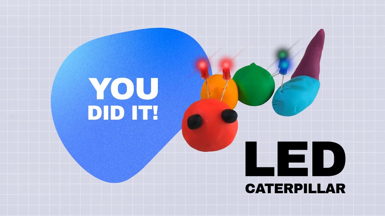 A completed dough caterpillar with three LEDs lighting up between the different colored sections of dough