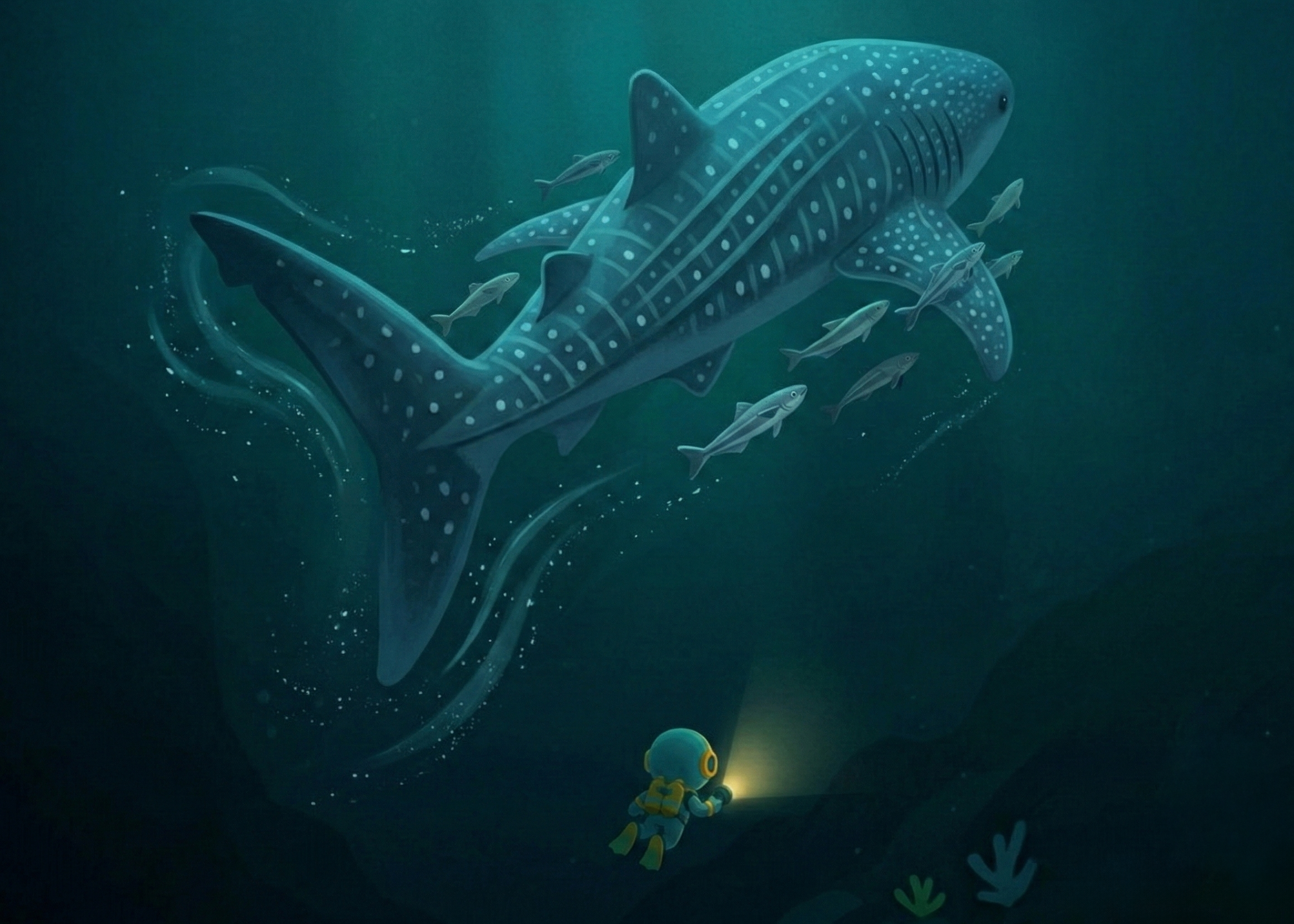 The whale shark swims off into the deep blue sea.