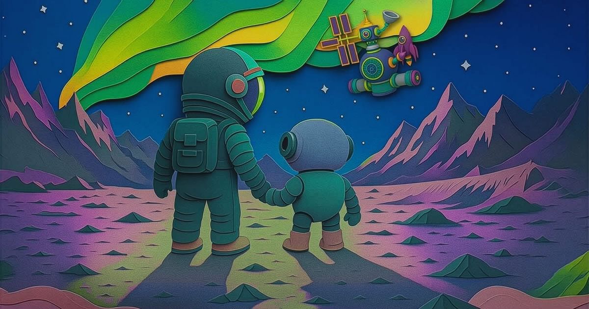 Child astronaut and ELI the robot holding hands on Mars, with a space science lab hovering overhead.