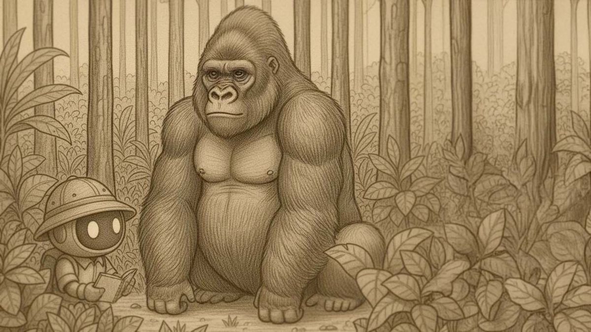 Naturalist illustration of a small, friendly robot studying a wild mountain gorilla