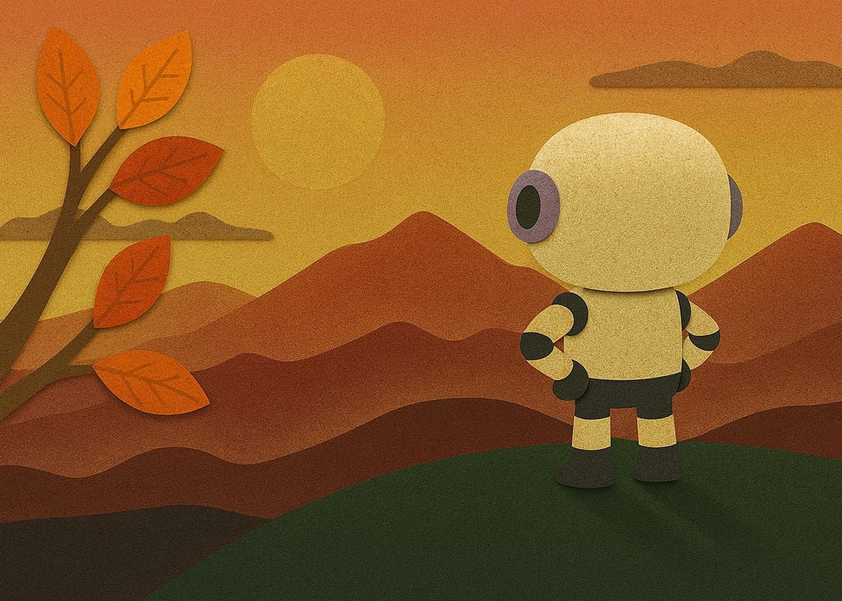 Robot looking out into the landscape, dreaming of future screen-free projects to do with kids
