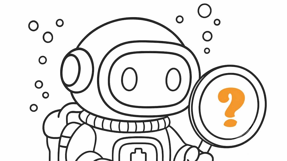 ELI the Robot exploring the ocean holding a magnifying glass. There is an orange question mark in the magnifying glass.