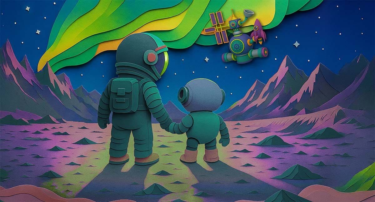 Child and robot ELI stand hand-in-hand on Mars, while a space station hovers overhead.