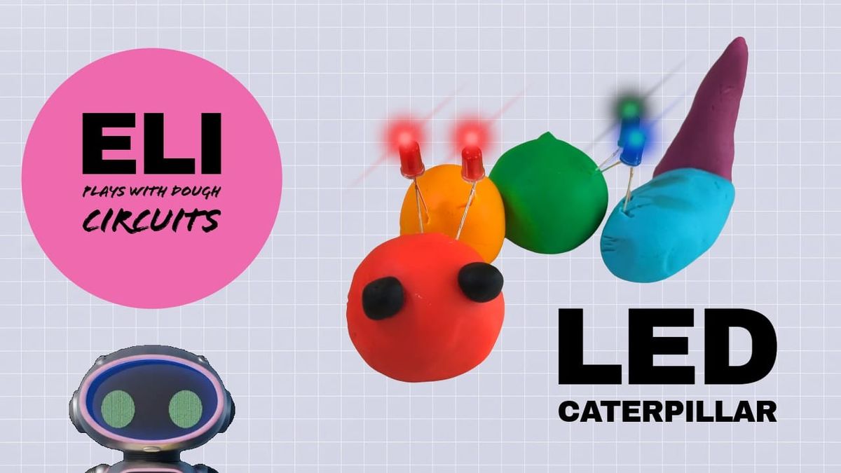 A completed dough caterpillar with four LEDs lighting up between the different colored sections of dough.