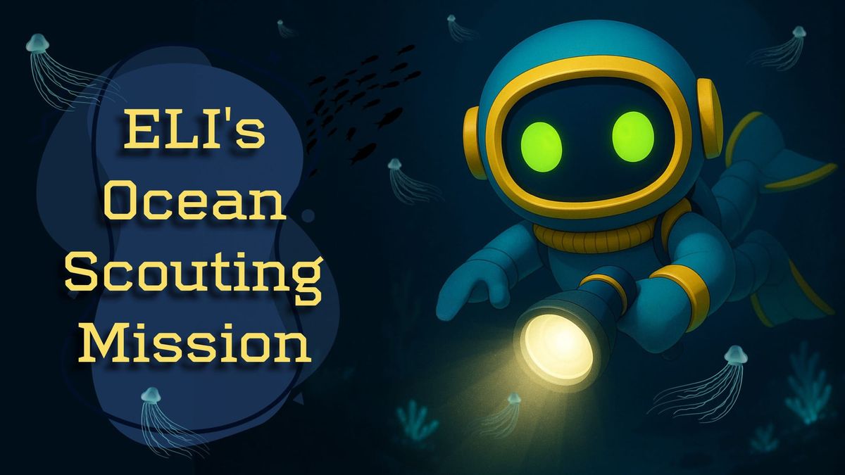ELI the robot scuba diving while holding a flashlight. Jellyfish swim around.