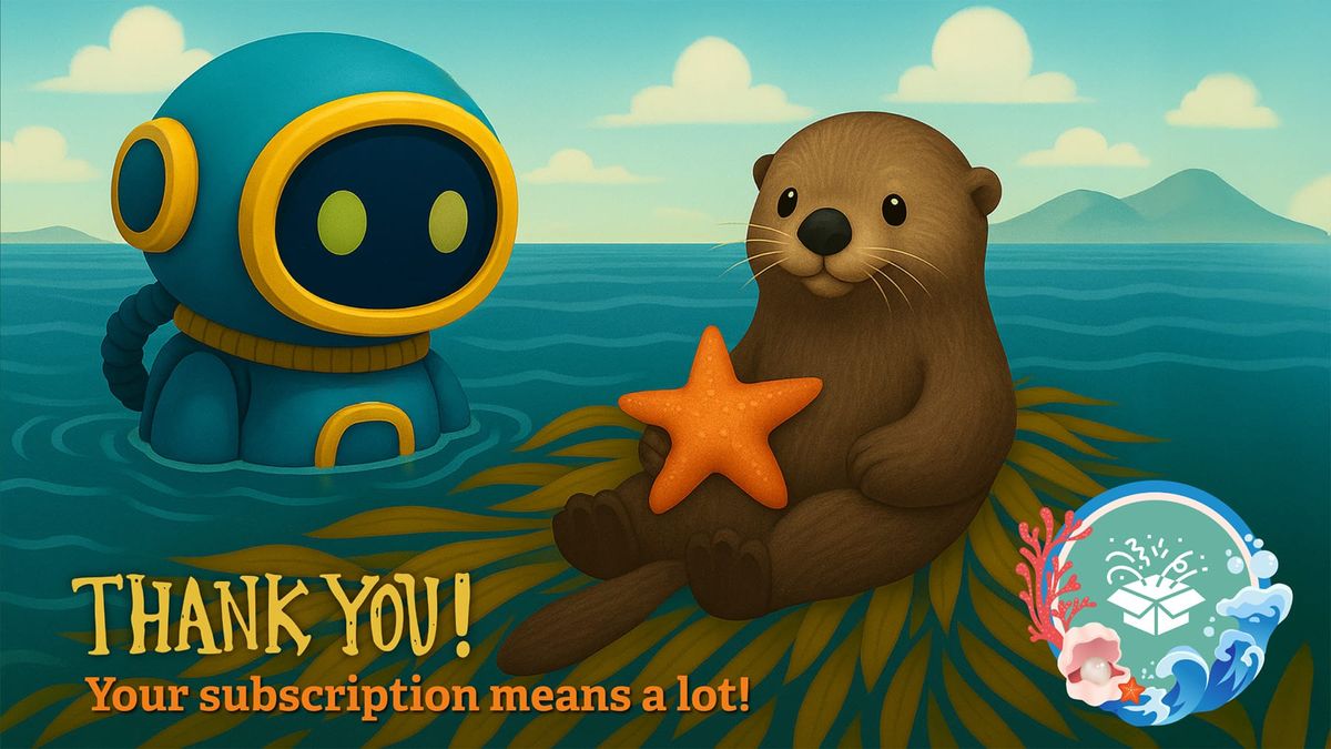 ELI the robot diving in a kelp bed with a sea otter holding a starfish