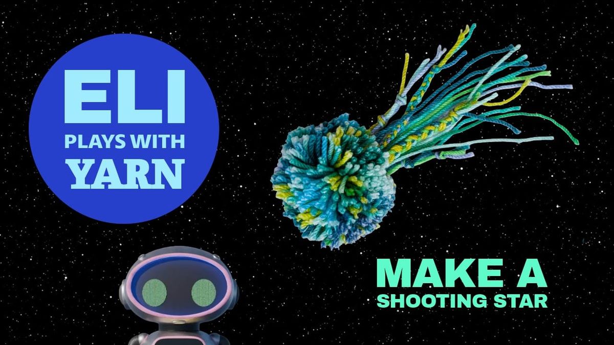 A space themed project example of a comet made of yarn with a long stringy tail