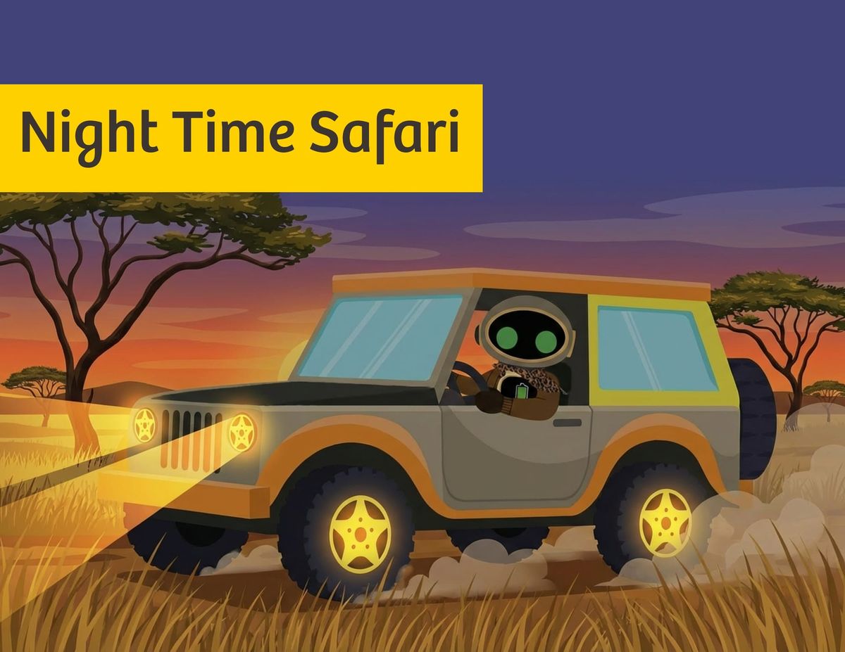 ELI the robot driving a jeep with glowing star-shaped tires in the savanna, in search of wild elephants. 
