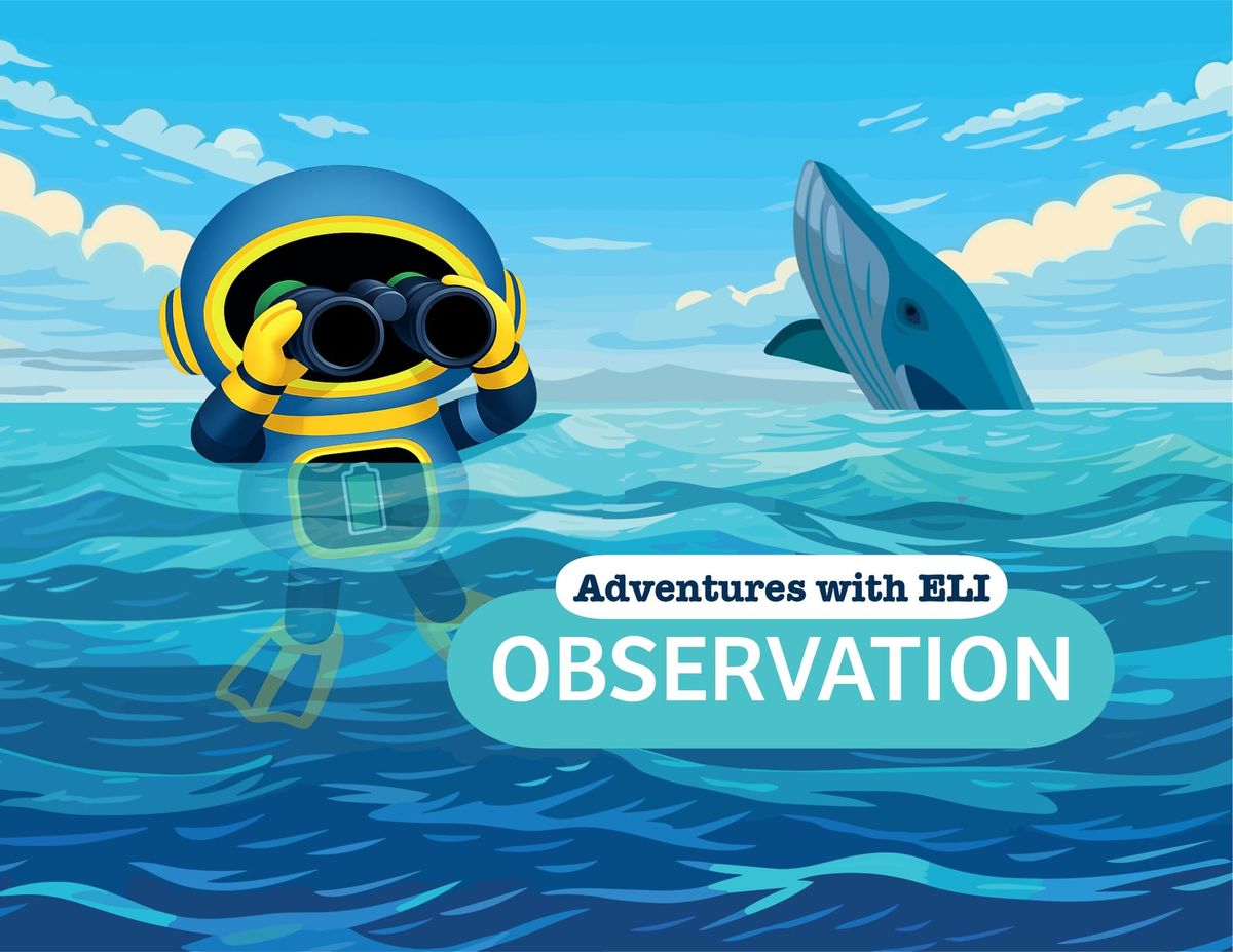 ELI the robot watching a whale leap from the sea with binoculars.
