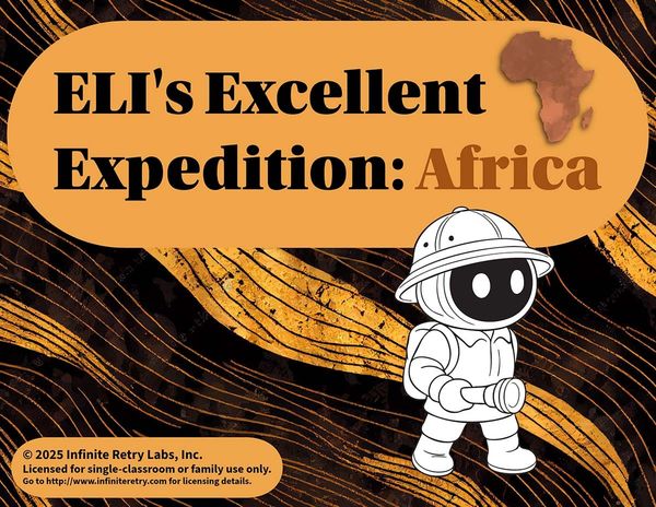 Cover for ELI the Robot Africa Expedition Coloring Sheets, with ELI holding a flashlight.