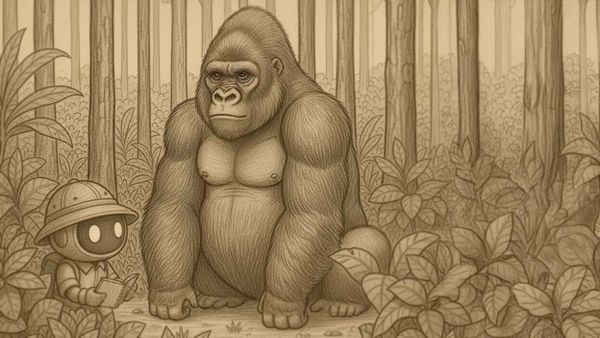 Naturalist illustration of a small, friendly robot studying a wild mountain gorilla