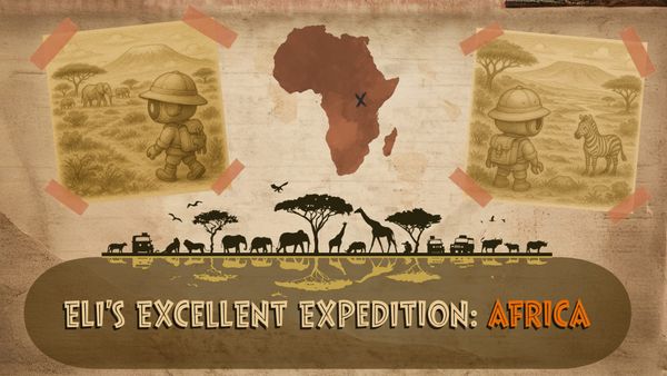 Blog header for robot ELI scouting out Africa for a science station. Map of Africa and silhouettes of elephants, giraffes and jeeps. 