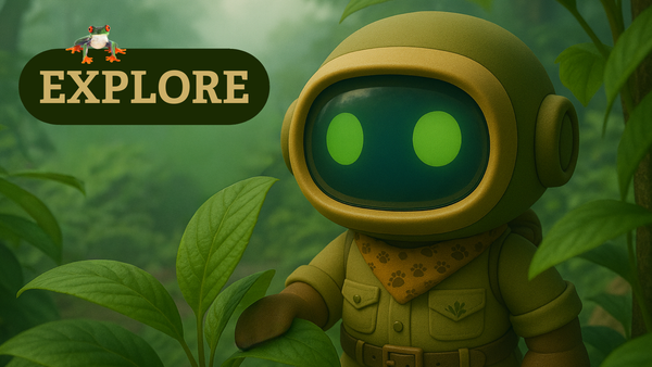 ELI the robot in the forest, wearing explorers gear and a brown bandana with little animal footprints.