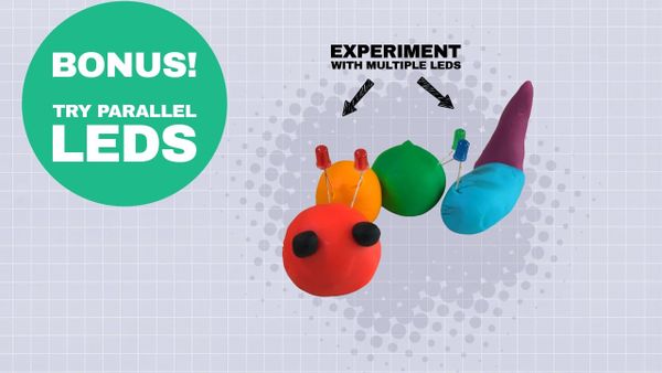 Caterpillar with two red LEDs bridging the head and body of the caterpillar, and a blue and green LED bridging the body to the tail