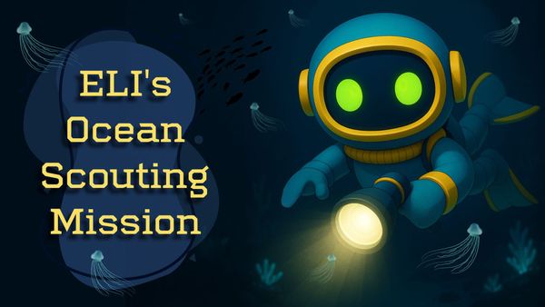 ELI the robot scuba diving while holding a flashlight. Jellyfish swim around.