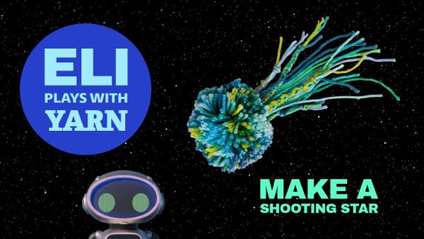 A space themed project example of a comet made of yarn with a long stringy tail