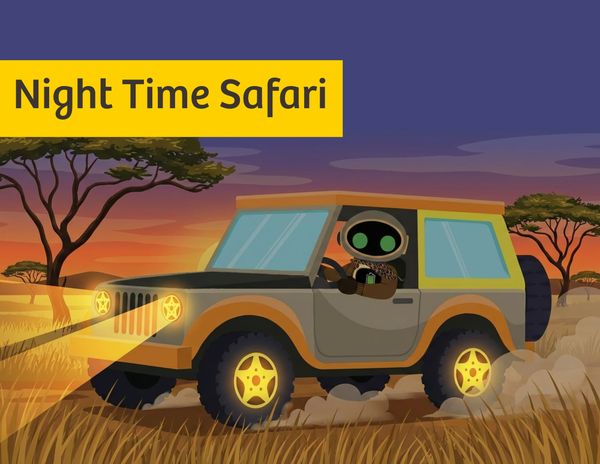 ELI the robot driving a jeep with glowing star-shaped tires in the savanna, in search of wild elephants. 