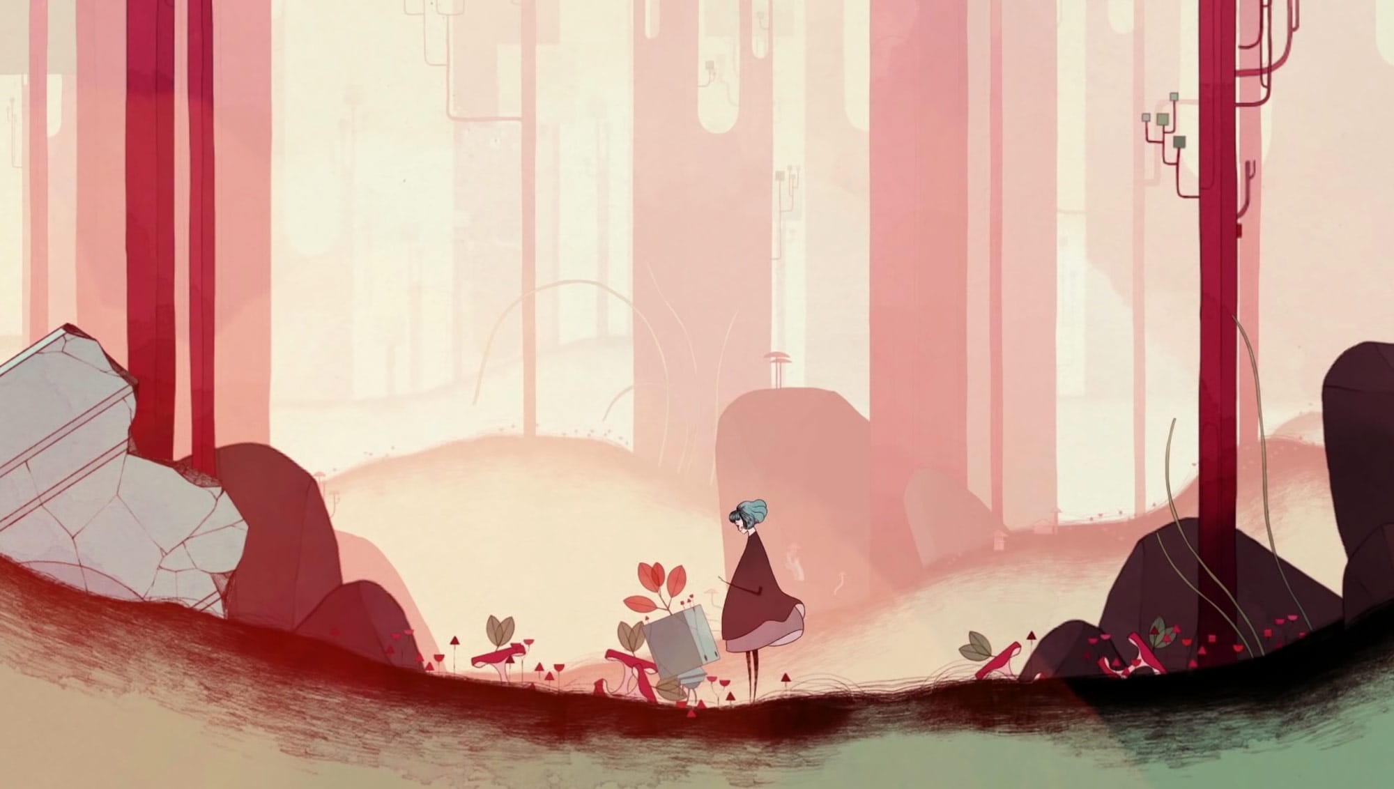 A screenshot from GRIS, featuring the protagonist and a small woodland friend with a cube-shaped head