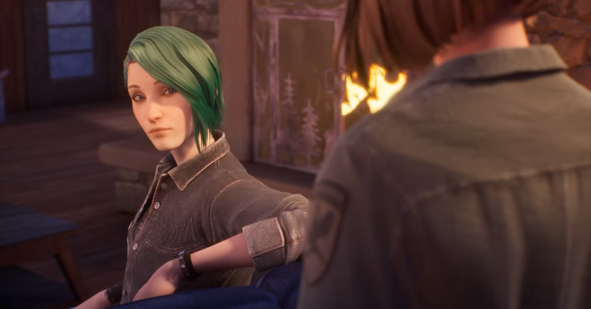 A screenshot from Life Is Strange: Reunion. Chloe (with green hair) is looking back at Max