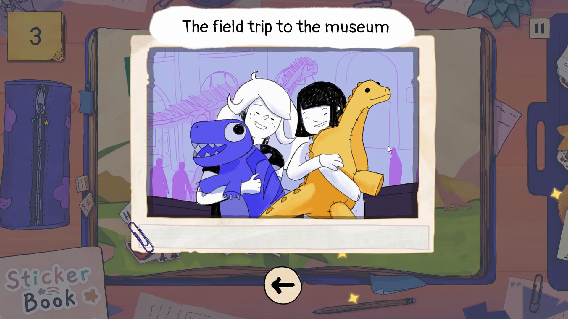 A screenshot from Pieced Together, showing an open scrapbook/journal. The text reads: The field trip to the museum