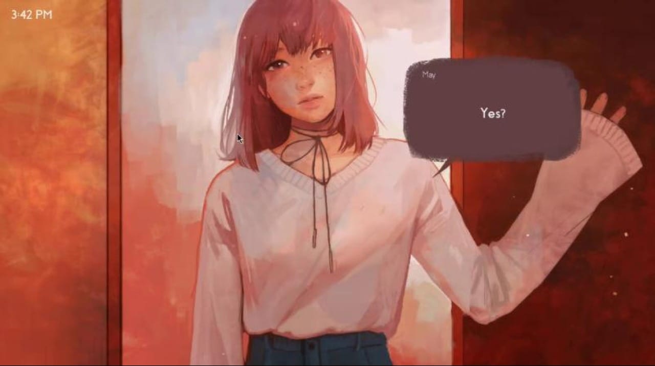 A screenshot from the game missed messages. A character is standing in the doorway; a speech bubble says 'Yes?' from them.