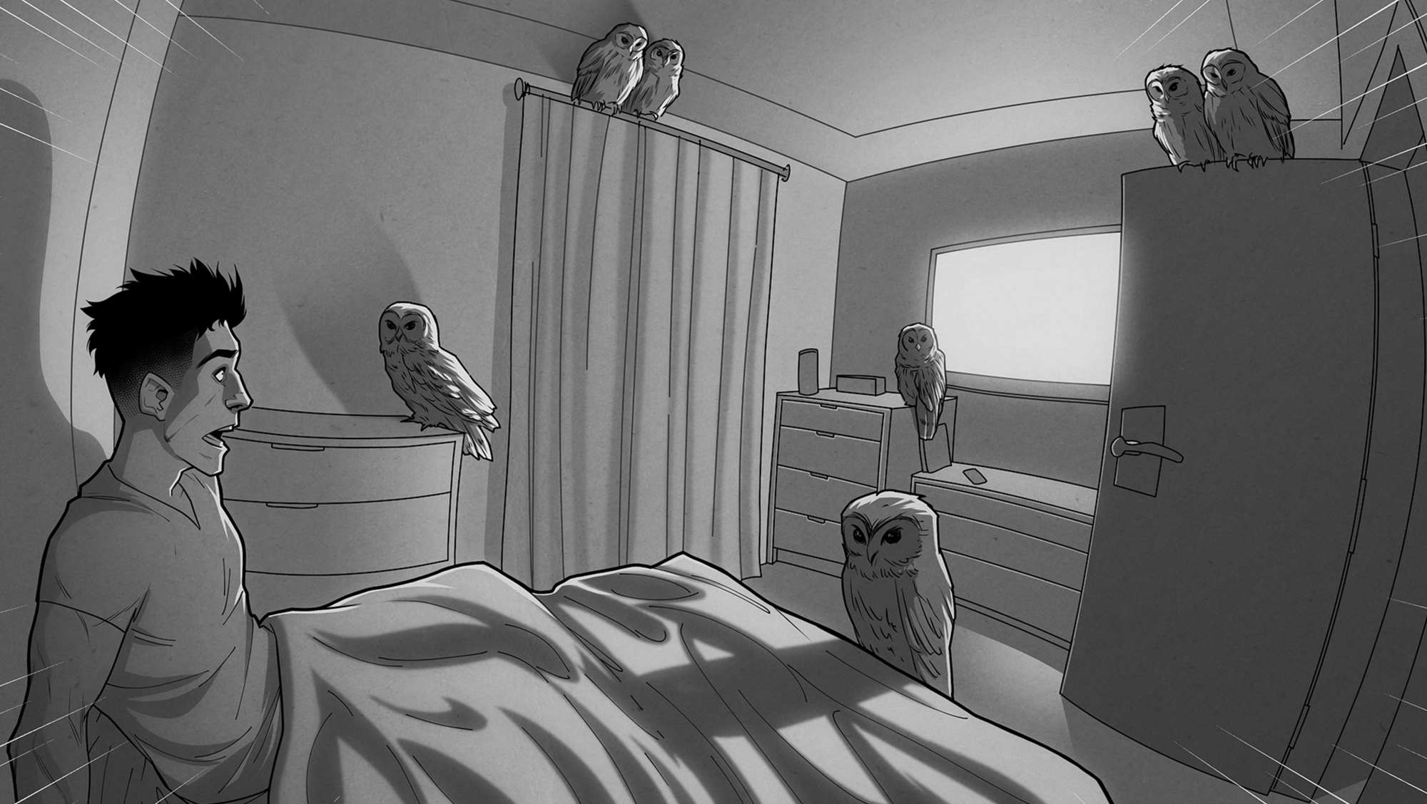 A screenshot from the game Blake: The Visual Novel. Blake wakes up in his bedroom to discover a parliament of owls are also there.